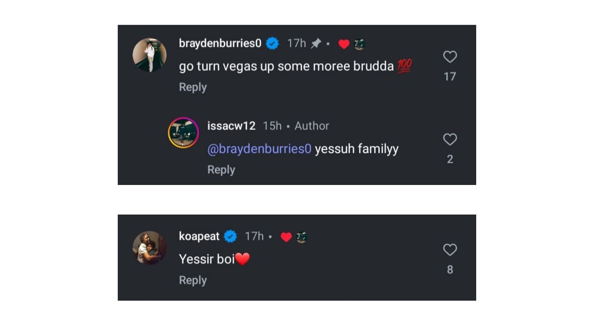 Braydon Burries and Koa Peat commented on Issac Williamson's post
